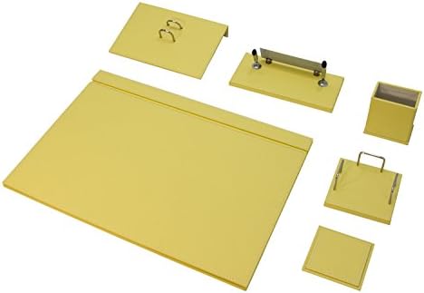 BOWA 8 Piece Leather Desk Pad Set | Shelf | Designer Pen Stand/Name Plate/Memo Box/Tabletop Calendar/Ballpoint Pen/Cup/Saucer/12 Selection of Colours yellow