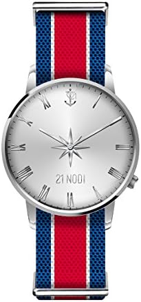 Silver Watch with Anchor and Wind Rose - Blue/Red Nato Strap - Original 21 Nodi - Unisex - Made In Italy