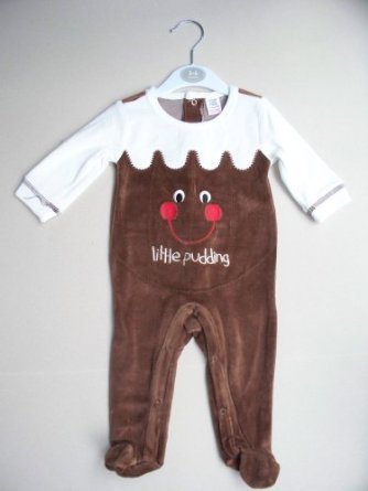 Baby Grow Warm Full Body Sleep suit Cute Xmas Little Pudding Theme Velour Brown (Newborn - 18 Months)