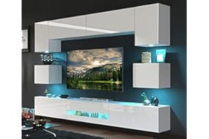 ‎FURNITECH Besta DAN1-17W-HG2 1B: Modern Wohnwand für Wohnzimmer mit LED, Weiß, Hängend, Schrankwand mit Regalen und TV-Schrank