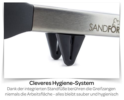 Die schlauere Küchen- und Grillzange! Premium Sandford Küchenzange mit integriertem Standfuß I Hygienisch-sauberes Ablegen beim Kochen, Grillen, Backen und Servieren | Aus Edelstahl mit Silikon in bester LFGB Qualität | lebensmittelsicher & schadstofffrei I Die ideale universal Mehrzweck Zange für Fleisch, Salat, Spaghetti, Wurst, Aufback-Brötchen und vieles mehr… - 2