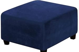 SWJ-swjssb Stretch Ottoman Slipcover,Square Velvet Footstool Cover Large Brown Grey Black Footrest Pouffe Protector Covers With Elastic Bottom Washable Super Soft Universal Slipcovers(Navy,80x80 cm)