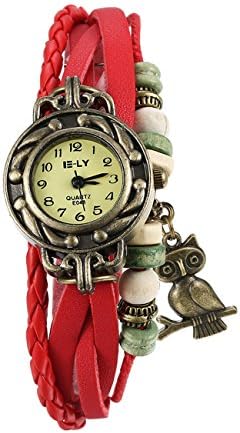 YIXUYU Wrist Bracelet Watch with Red Braided Leather Band Owl Charms and Beads Antique Gold Tone Hand Made Gift for Children