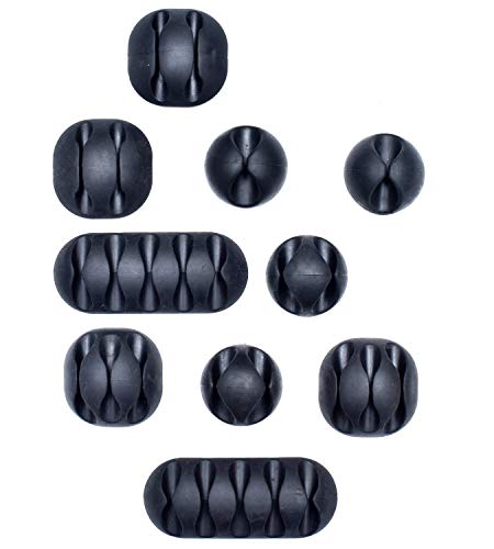 Set de10 pièces Organisateurs de câble Autocollant de Smart Storage | Système de Gestion du Câble pour Ordinateur |Câbles de Recharge, Cordon de Souris,Maison, Bureau ou Voiture | 5 Tailles, Noir.