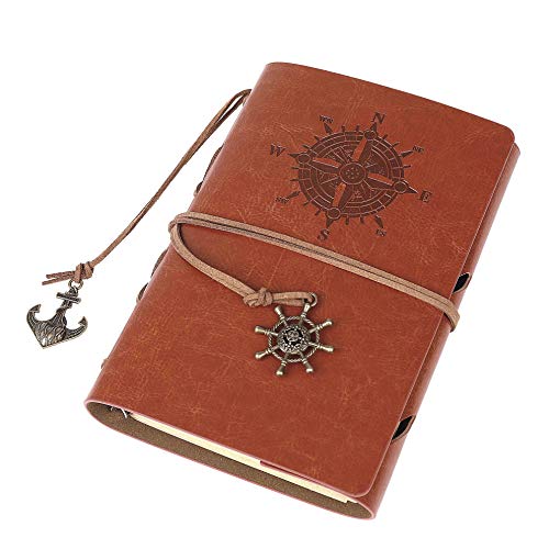 Soledì- Vintage Design Taccuino Copertina In Pelle con Cinghia e Accessori Corsaro, Pagine Bianche Diario Quaderno degli Appunti (Marrone)