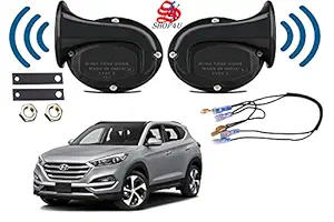 SHOP4U Square Shape Car Windtone Horn with Wire for Hyundai Tucson (Set of 2 Horn with Wire, Black)