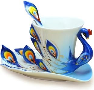 DUSIEC Collectable Fine Arts China Porcelain Tea Cup and Saucer Coffee Cup Peacock Theme Romantic Creative Present (Blue)
