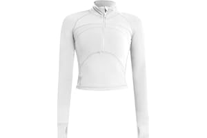 Memoryee Basic Langarmshirt Damen Sport Laufen Yoga Gym Zipper Crop Top Leicht Fitness Pullover Oberteil mit Halbem Reißverschluss und Daumenloch
