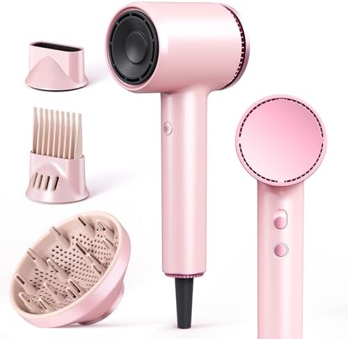Asciugacapelli Phon Capelli con Diffusore, Phon Ionico 1600W ad Alta Velocità, 110.000 giri/min, 2 Velocità, 4 Temperature, Phon da Viaggio Leggero Silenzioso per Donna, Rosa
