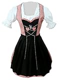 Di04 Mini Dirndl, 3 teiliges Trachtenkleid in rot weiß, Kleid mit Bluse und schwarzer Schürze, Rocklänge 47-56 cm, Gr. 50