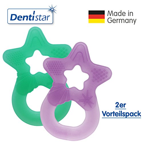 DentistarStar Teether Pack of 2, Teething Baby Toy for Infants Aged 3+ Months, Soft Silicone Baby Teething Ring for Tooth and Gum Pain Relief, Made in Germany - Green & Purple