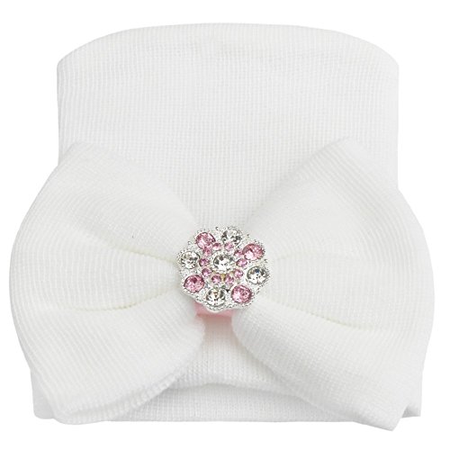 YiZYiF Comfy Baby Newborn Girls Cotton Soft Hospital Cap Studded Bowknot Photo Props Beanie Hat (One Size, White with faux diamond)