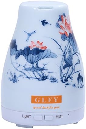 GLFY 120ml Ceramic Ultrasonic Aroma Aromatherapy Diffusers Essential Oil Diffuser with Colored LED Lights Changing, Waterless Auto Shut-Off and Adjustable Mist Mode (Lotus 1)