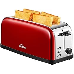 Kealive Grille Pain Extra longue, Toaster à Cuisson Rapide Uniforme, 7 Niveaux de brunissement, pour 4 tranches, Décongèle, Réchauffe, Rouge, Acier inoxydable
