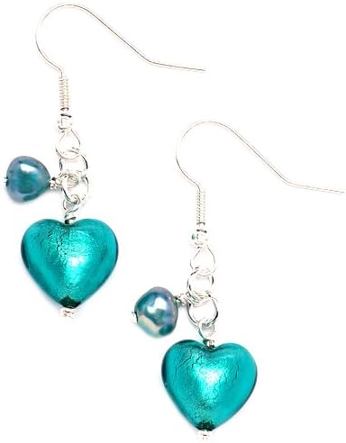 Amanti Venezia Jade Colour Freshwater Pearl and Murano Heart Drop Earrings of Length 4.5 cm