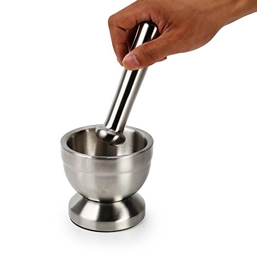 Fuloon Edelstahl Mörser mit Stößel Set Küche Spice Grinder für Kräuter und Gewürze Ø 10 cm (Silber) - 2