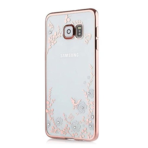 Für Samsung Galaxy S6 Hülle Transparent Schutz Case,Weiches Silikon Klar Dünn Gummi Durchsichtig Mit Strass Diamant Glitzer Bling Tasche Schutzhülle,Herzzer Flexibel Luxuriös (Rose Gold) Galvanisieren Plated Rahmen Bumper [Weiß Blumen Muster] Kristall Gel Handy Silikonhülle Schutztasche Schale Hüllen Case Cover für Samsung Galaxy S6 + 1 x Frei Weiß Handy Halterungen Ständer + 1 x Frei Silber Stylus Stift - 2
