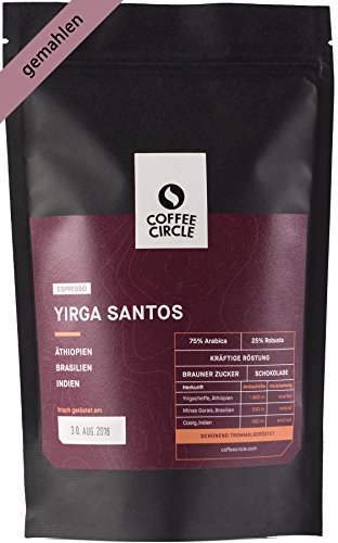 Coffee Circle | Premium Espresso Yirga Santos | 350g gemahlen | Vollmundiger Espresso mit Schokoladenaromen | Arabica und Robusta | fair & direkt gehandelt | frisch & schonend geröstet