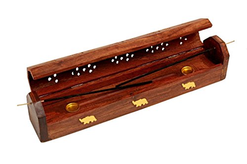 Zap Impex  ® Madera Incienso de Madera Tallada a Mano Quemador de Incienso Soporte de Quemador de Incienso con Compartimento de Almacenamiento, 12 x 2 x 2,5 Pulgadas