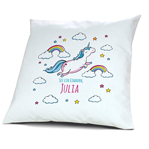 Kopfkissen mit Namen Julia - Motiv Sei ein Einhorn, 40 cm, 100% Baumwolle, Kuschelkissen, Liebeskissen, Namenskissen, Geschenkidee