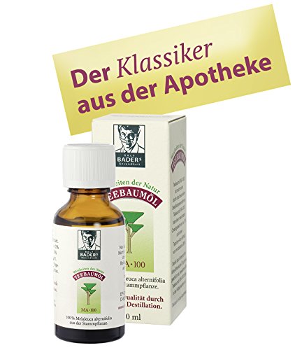 BADERs Apotheken Teebaumöl. 100% reines melaleuca alternifolia (MA-100). 20 ml. Doppelt destillierte Qualität. Traditionell beliebt bei unreiner Haut, Warzen, Fußpilz, für das Zahnfleisch und bei Schuppen. - 6
