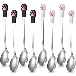 8 Pieces Pet Can Food Spoon Dog Cat Spoon Stainless Steel and Silicone Food Canned Scoop Cute Cat Claw Spoon for Dog and Cat Can Food, White and Black