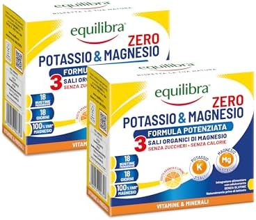 Equilibra Integratore Potassio e Magnesio, Senza Zucchero, Reintegro Sali Minerali, Gusto Limone e Arancia, 36 Bustine