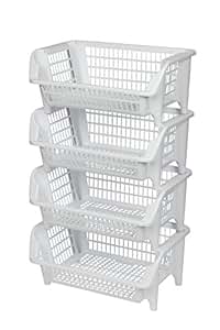 Struttura A Ripiani Modulabile Armadio Scaffale Portaoggetti Impilabile A 3 Ripiani, In Plastica, Per Cestini, Colore: Bianco Struttura A Ripiani Modulare