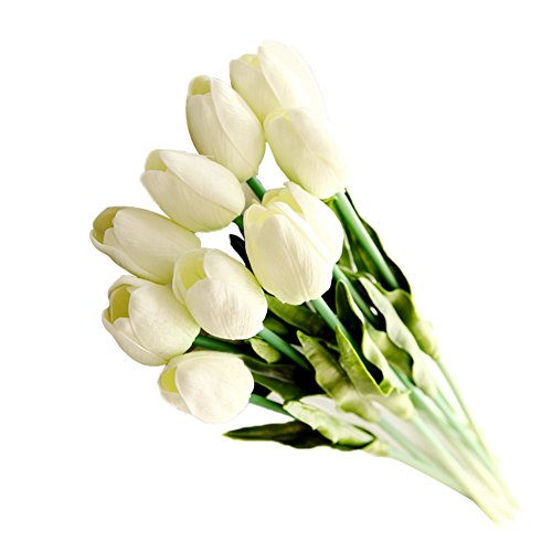 10 Stück JUYUAN-EU Tulpe künstliche Blumen mit Blätter Dekoriere Kunstblumen Latex Real Touch Bridal Wedding Bouquet Home Decor Weiss
