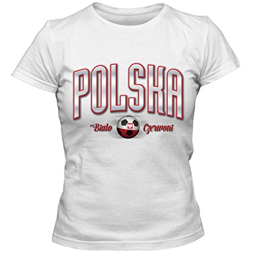 Damen Fußball T-Shirt Polska Polen Poland Football EM Trikot DTG, Farbe:weiss;Größe:S