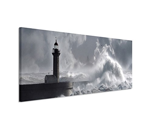 150x50cm Leinwandbild auf Keilrahmen Meer Ozean Sturm Welle Leuchtturm Wandbild auf Leinwand als Panorama