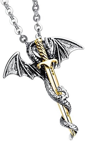 Titanium Dragon and Sword Necklace Stainless Steel Chain for Men