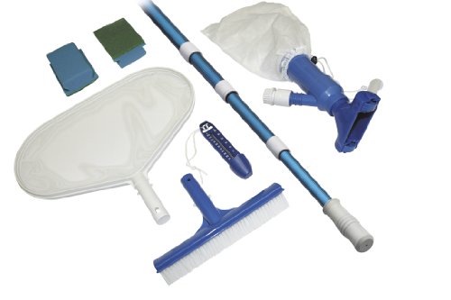 Steinbach Poolreinigung Grundreinigungsset für jedes Schwimmbad (Thermometer, 2x Handschrubber, Beckenreinigungsbürste, Laubkescher, Teleskopstange, Bodensauger), Mehrfarbig, 7-teilig - 2