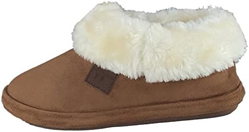 Ladies Fleecy Warm Lined Bootee Slippers Mock Suede Cosy Fur Collar Cognac 4 UK