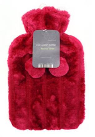 Luxurious Cosy Faux Fur Cover Hot Water Bottles with Pom Poms: 2 Litre Size (Cranberry)