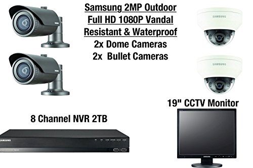 Samsung 4 Camera Outdoor Vandal-Resistant & Waterproof 2 Dome & 2 Bullet Cameras HD CCTV Kit With 19″ CCTV Monitor & 2TB 8 Channel NVR