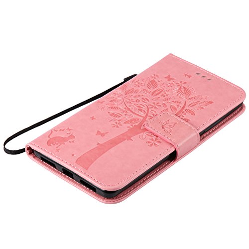 Huawei Mate S Hülle Rosa im Retro Wallet Design,Cozy Hut Huawei Mate S Hülle Leadertasche Premium Lederhülle Flip Case im Bookstyle Folio Cover Kartenfächer Magnetverschluss und Standfunktion Leder Schale Etui für Huawei Mate S (5,5 Zoll) Handytasche Schutzhülle Katzen und Bäume Muster – rosa - 5