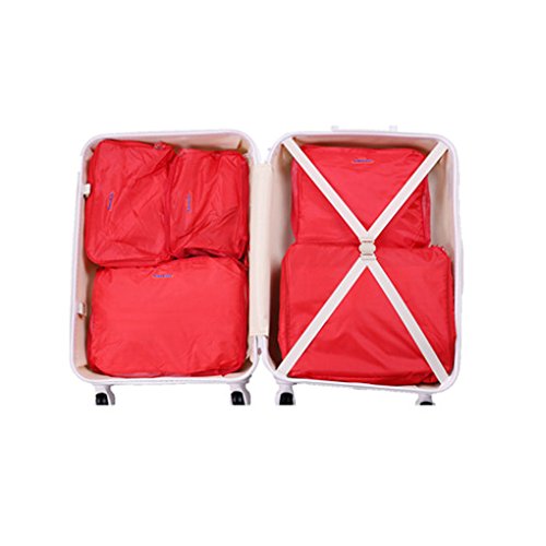 FakeFace 5er-Set Nylon Reisegepäck Robuste Aufbewahrungstasche Gepäcktaschen Set Wäsche Organizer Tasche für Koffer Kleidertasche Schminktasche Packing Cubes Beautycase Koffertaschen für Angenehme Reise (Rot) - 2