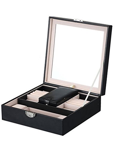 iSuperb® Schmuckkoffer Schmuck Box Organizer Schmuckkasten PU Leder Display Reise Tasche Aufbewahrung für Ringe Ohrringe Halskette Armreif Armbanduhr für Mädchen Damen 25,3 x 25,3 x 8,5 cm( schwarz)