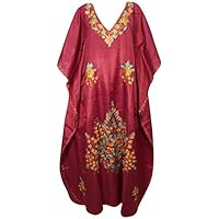 Women Kimono Caftan Maroon Silk Embellished Lounge Caftan Resort Wear 3XL