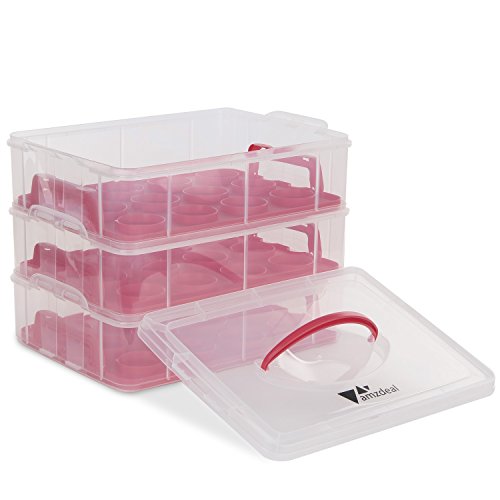 amzdeal 3 Etagen Kuchentransportbehälter 36 Cupcakes Behälter Tragbarer Transportbox für Kuchen, Cookies, Torten, Muffines Rot - 4
