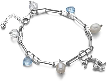 MIU Jewellery Freshwater Cultured White Pearl with Genuine Blue Topaz Silver Bracelet 17.5cm+4cm