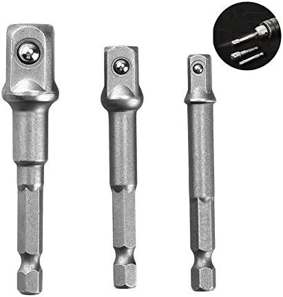 3-Piece Power Hand Tools Driver Extension Socket Adapter Sets, 1/4-Inch Hex Shank to Drive 1/4" 3/8" 1/2" for Drill CR-V Quick Change Nut Driver Socket Bit Set Adapters to Use with Drill Chucks