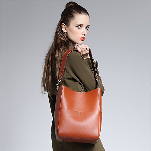 S-ZONE Frauen Farbblockierung Echtes Leder Schulter Beutel Handtaschen  Braun 