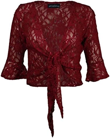New Ladies Plus Size Lace Tie Bolero Top Sequins Flared 3/4 Sleeve Shrug 12-26 (12, Wine)