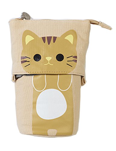 iSuperb Leinwand und PU Verwandeln Mäppchen Etuischule Täschchen Federmäppchen Kosmetiktasche Organisator Süße Kätzchen in 3 Farbe 19 x 12.5 x 7.5cm (KhakiGelb)