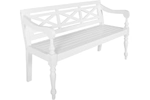 vidaXL Solid Mahogany Wood Batavia Bench - Elegant White Wooden Indoor Bench with Curved Armrests, Durable and Sturdy Design, 123 cm Length.