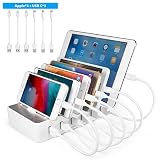 TechDot Station de Charge USB Chargeur Multiple 6 Ports Station Recharge avec Interrupteur Support de Charge Pour Téléphone Tablette et plus appareils, 6 Câble Courts inclus, 2 Type de Câbles, Blanc