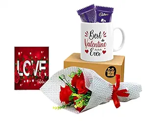 Kesri Gifts Best Valentine Ever Coffee Mug and Flower Bouquet With Greeting Card and 2 Chocolate - Valentine Day Gift For Girlfriend, Boyfriend , Husband,Wife(CVD22-248)