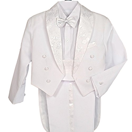 Dressy Daisy Baby Boys' 5 Pcs Set Formal Tuxedo Suit With Tail Baptism Christening Outfit Pageboy Suits Size 9-12 Months White